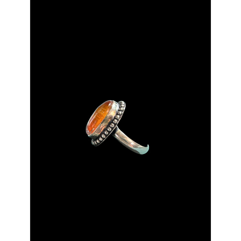 Sterling Silver 925 Fiery Orange Opal Statement Ring, Oval Cabochon, Beaded Boho Setting, Size 8