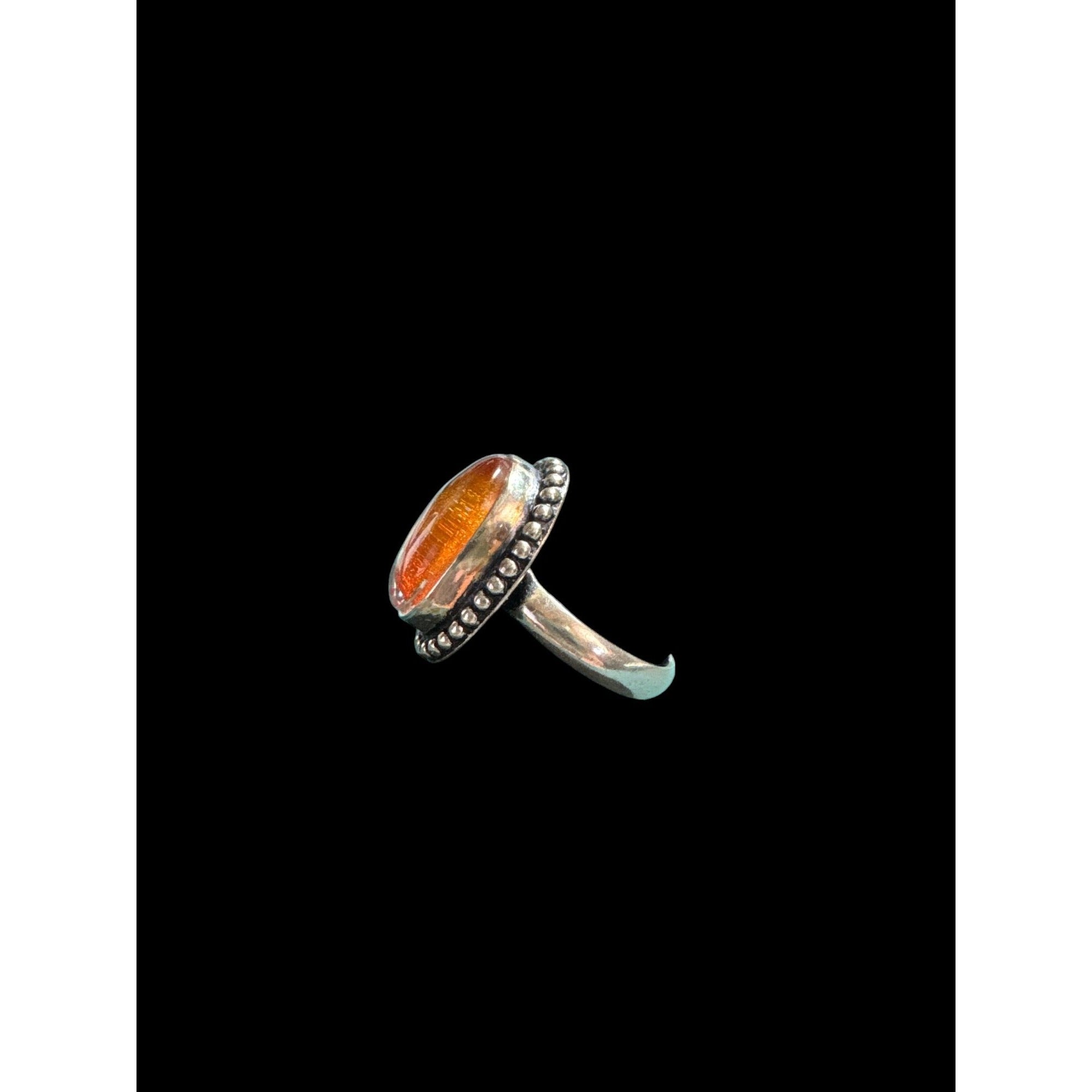 Sterling Silver 925 Fiery Orange Opal Statement Ring, Oval Cabochon, Beaded Boho Setting, Size 8