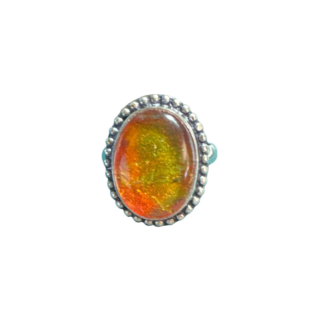 Sterling Silver 925 Fiery Orange Opal Statement Ring, Oval Cabochon, Beaded Boho Setting, Size 8