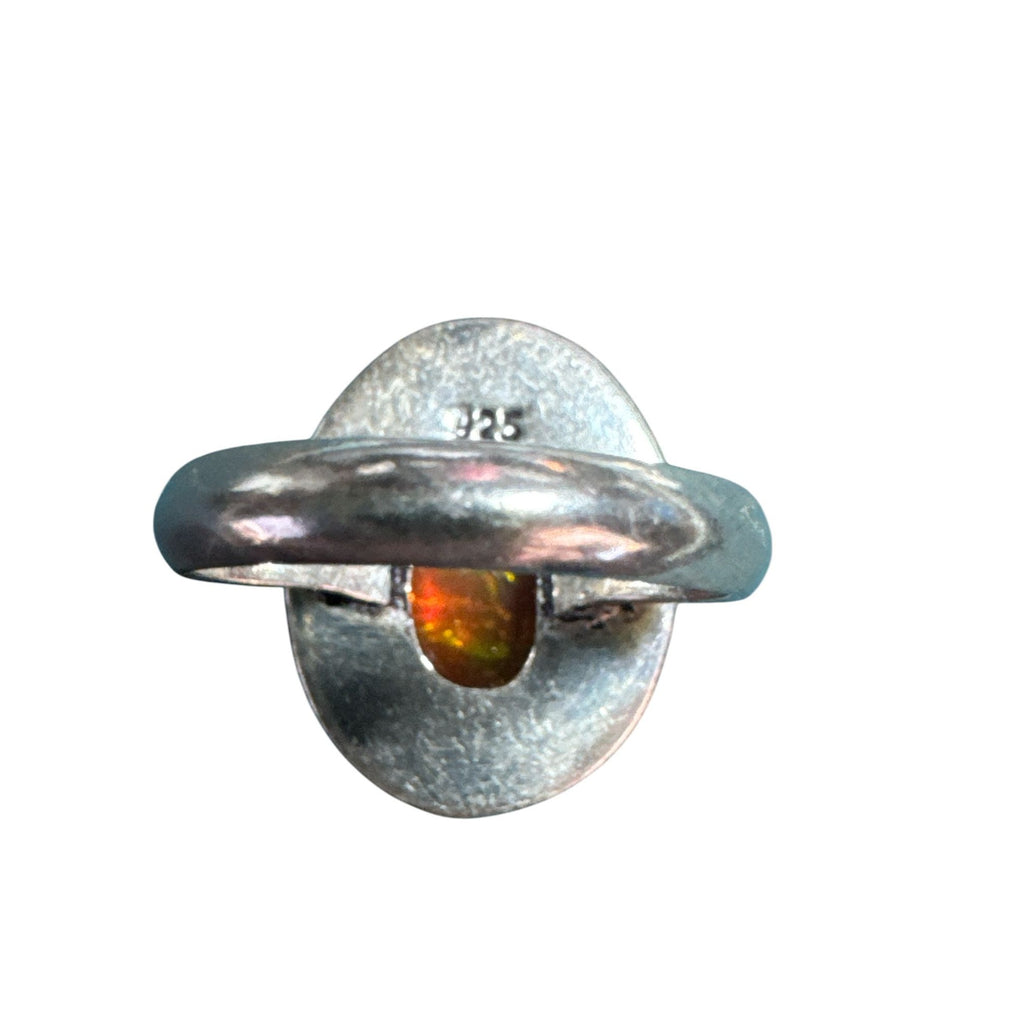 Sterling Silver 925 Fiery Orange Opal Statement Ring, Oval Cabochon, Beaded Boho Setting, Size 8