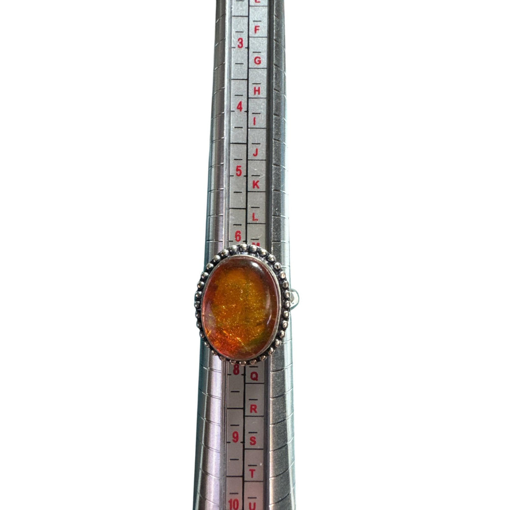 Sterling Silver 925 Fiery Orange Opal Statement Ring, Oval Cabochon, Beaded Boho Setting, Size 8