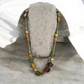 Gold Tone Mixed Bead Necklace, Green Amber Brown Glass Beads, Boho Eclectic Layered Style Jewelry