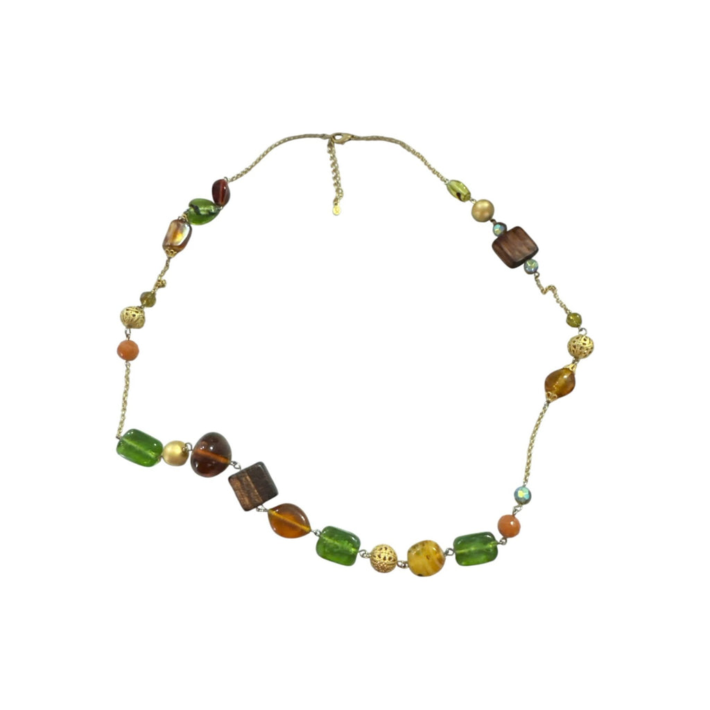 Gold Tone Mixed Bead Necklace, Green Amber Brown Glass Beads, Boho Eclectic Layered Style Jewelry