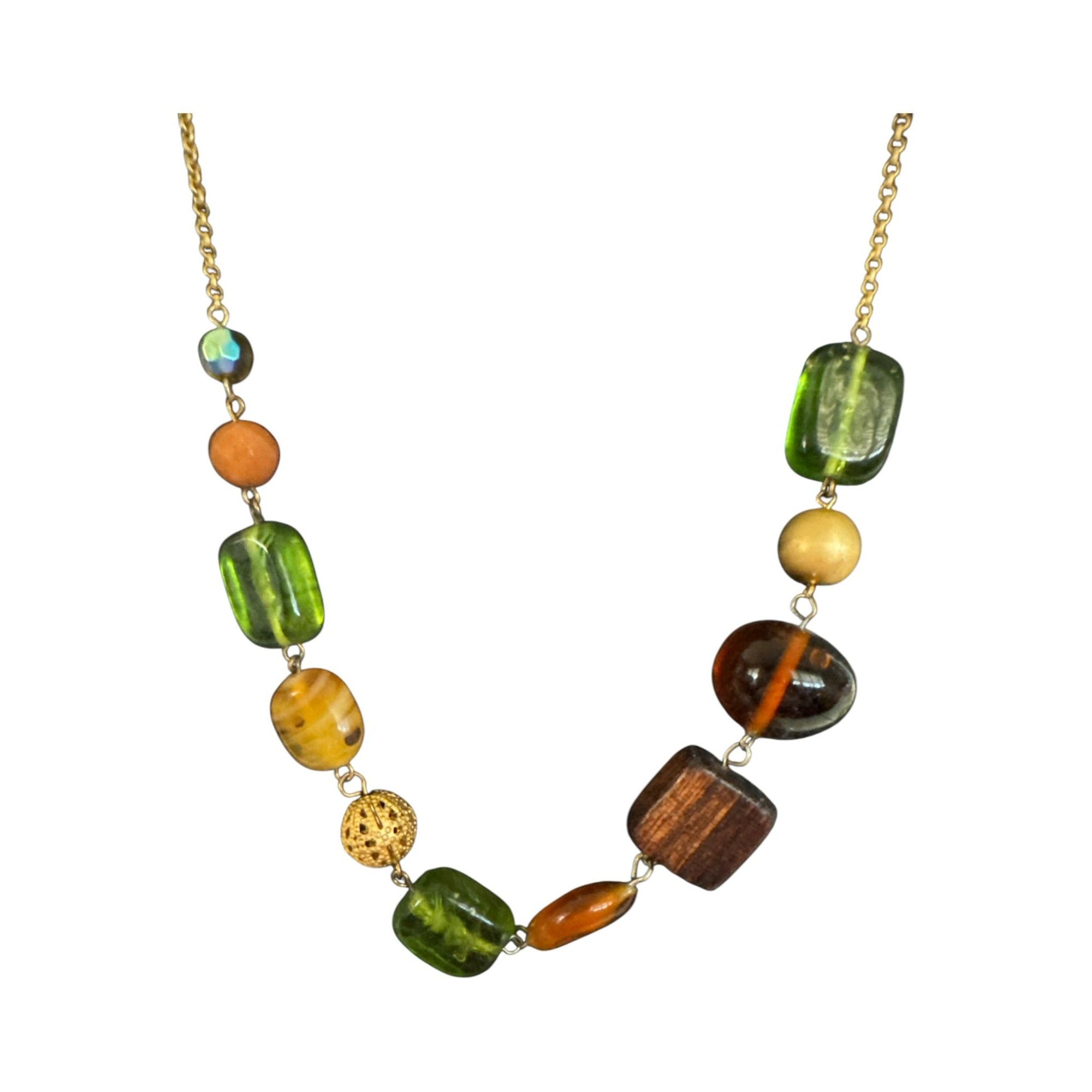 Gold Tone Mixed Bead Necklace, Green Amber Brown Glass Beads, Boho Eclectic Layered Style Jewelry