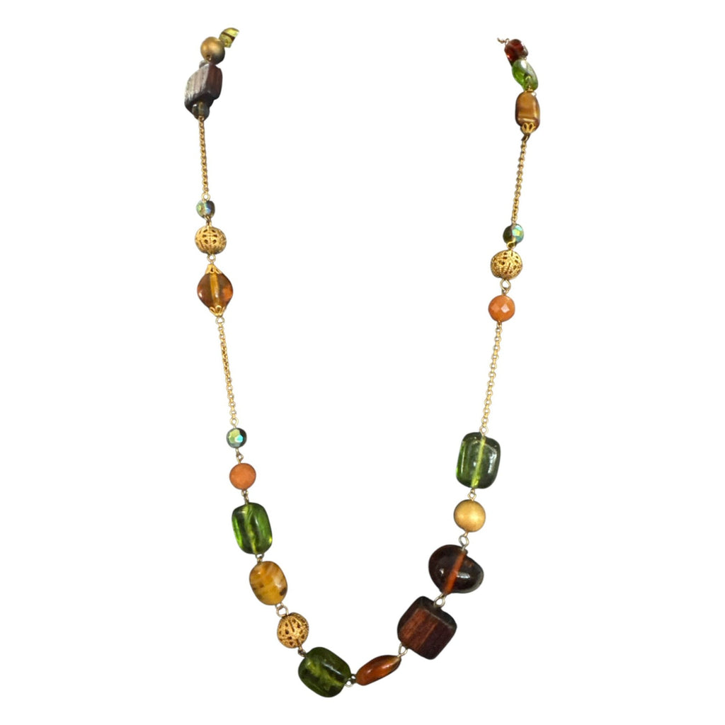 Gold Tone Mixed Bead Necklace, Green Amber Brown Glass Beads, Boho Eclectic Layered Style Jewelry