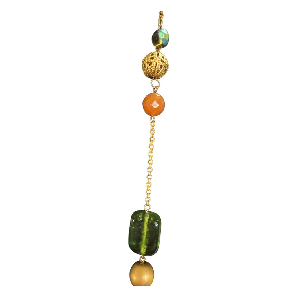 Gold Tone Mixed Bead Necklace, Green Amber Brown Glass Beads, Boho Eclectic Layered Style Jewelry