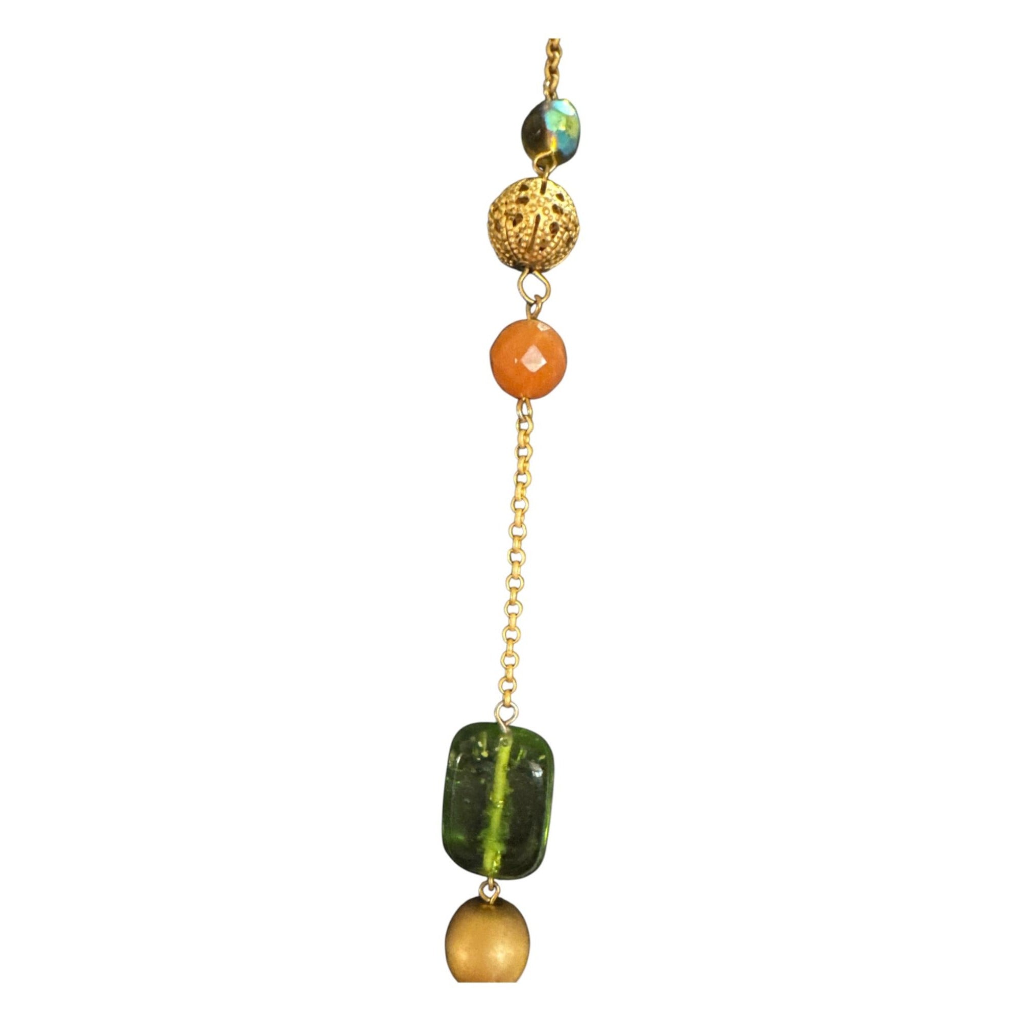 Gold Tone Mixed Bead Necklace, Green Amber Brown Glass Beads, Boho Eclectic Layered Style Jewelry