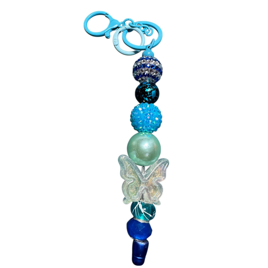 Blue Beaded Keychain With Butterfly Charm & Glitter Accents Lightweight Accessory For Bags Or Keys
