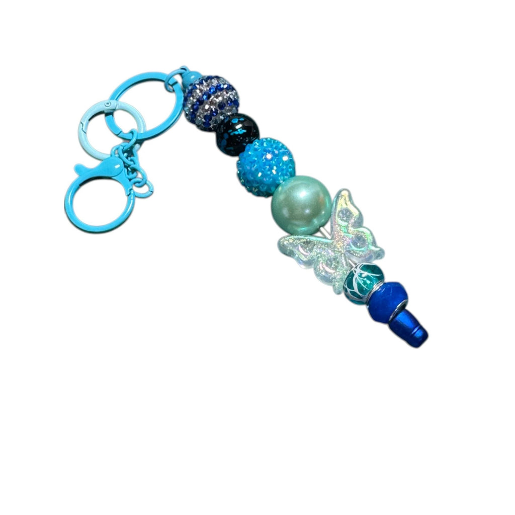 Blue Beaded Keychain With Butterfly Charm & Glitter Accents Lightweight Accessory For Bags Or Keys