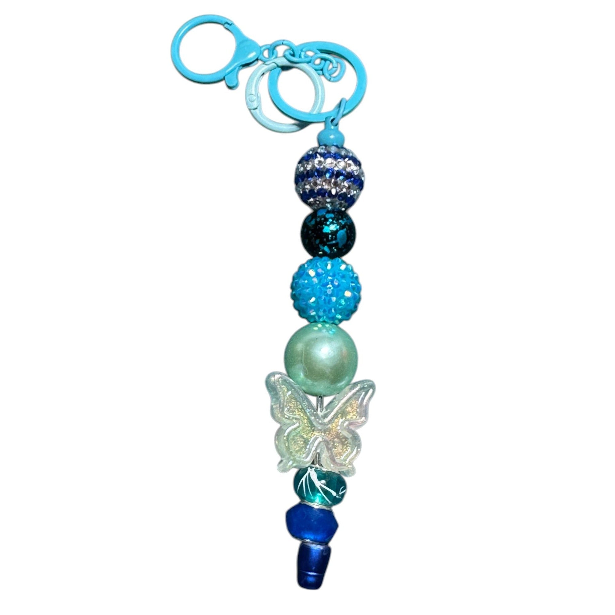 Blue Beaded Keychain With Butterfly Charm & Glitter Accents Lightweight Accessory For Bags Or Keys