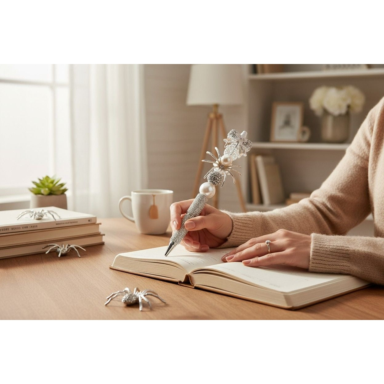 Elegant Silver Spider-Themed Pen With Rhinestones & Pearl Accents For Writing & Gifting