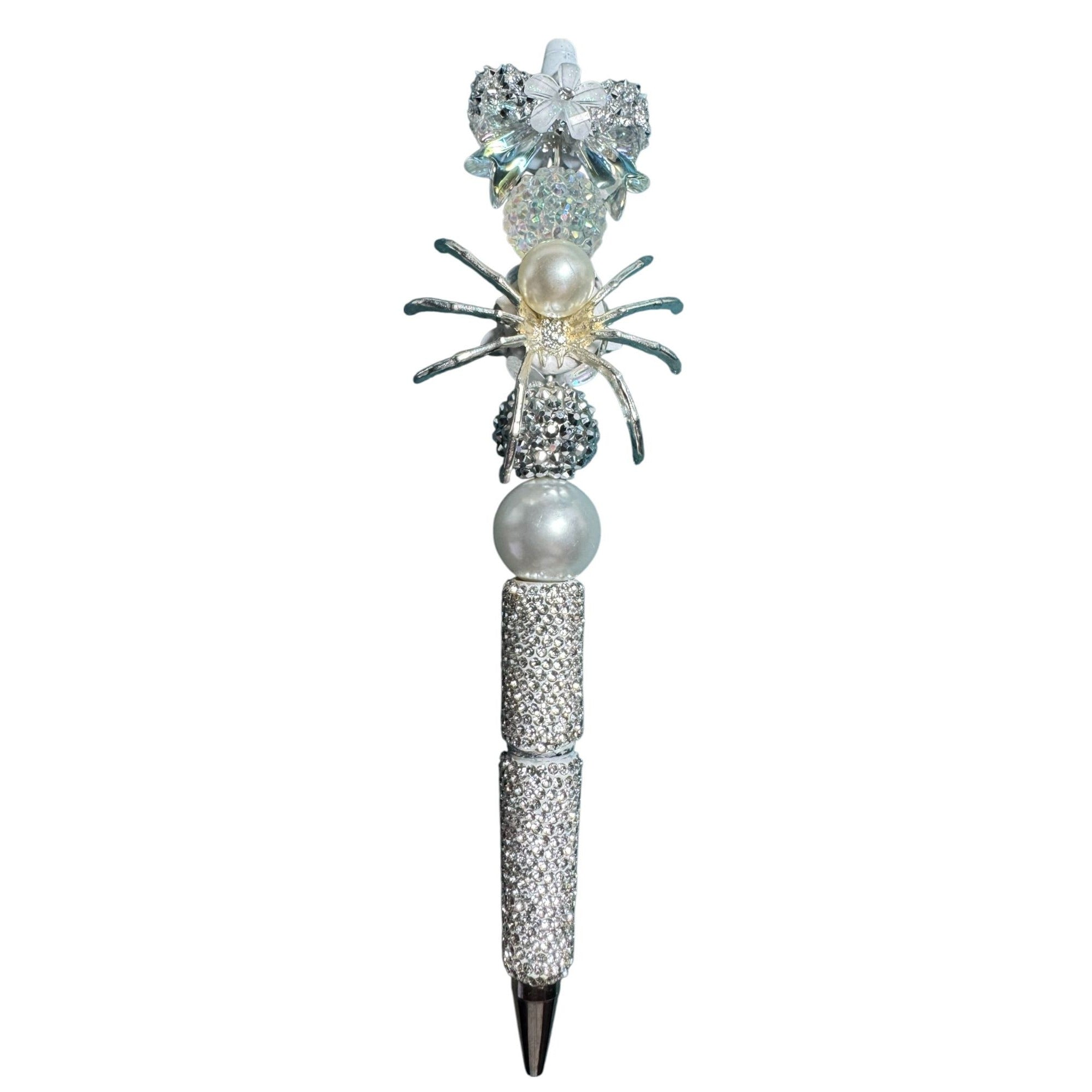 Elegant Silver Spider-Themed Pen With Rhinestones & Pearl Accents For Writing & Gifting