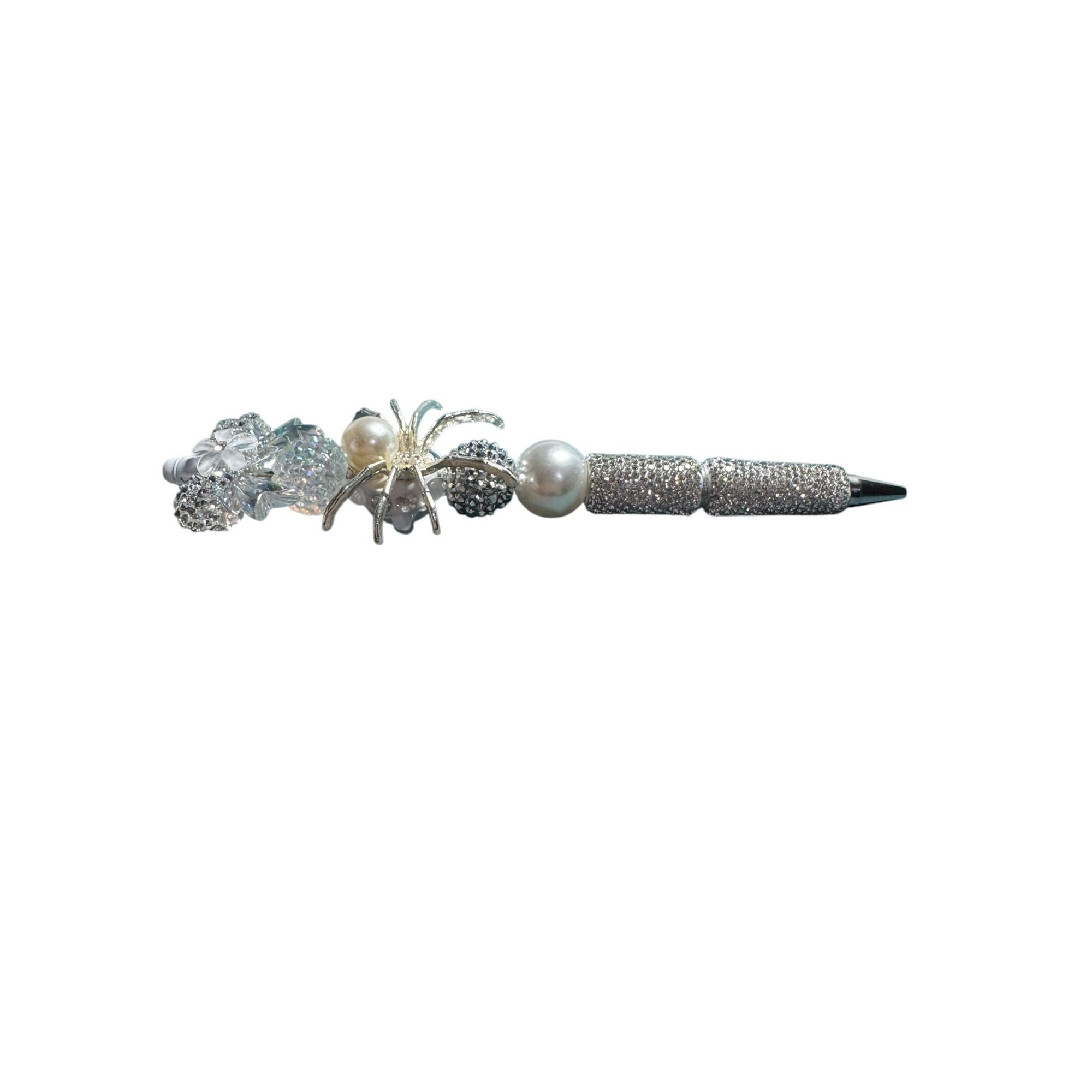 Elegant Silver Spider-Themed Pen With Rhinestones & Pearl Accents For Writing & Gifting