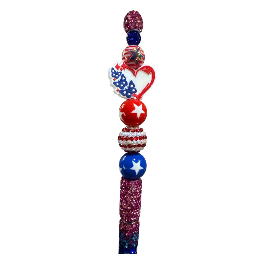 America Celebrates 250 years Patriotic Themed Beaded Ballpoint Pen With Glitter Accents & Red White Blue Star Designs