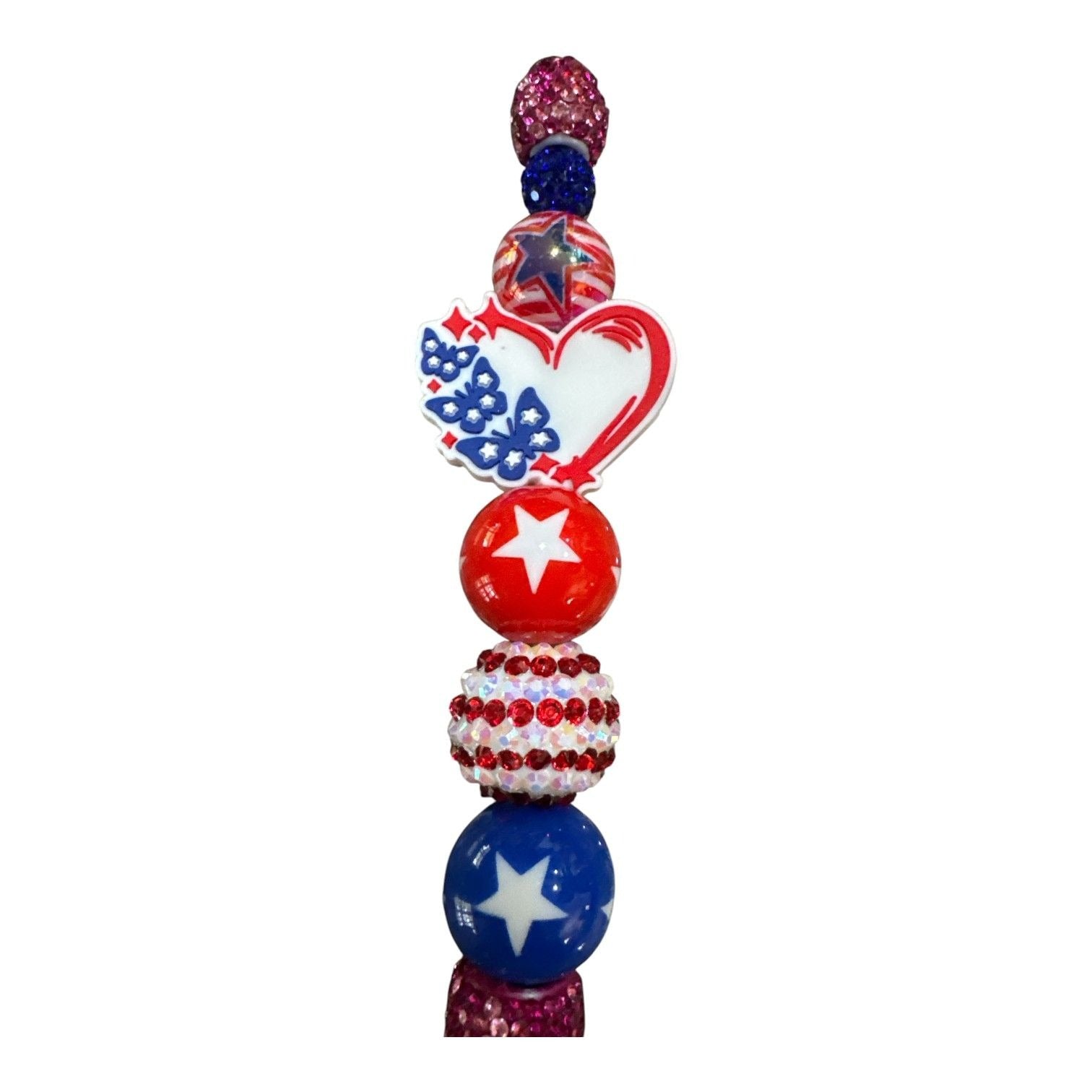America Celebrates 250 years Patriotic Themed Beaded Ballpoint Pen With Glitter Accents & Red White Blue Star Designs