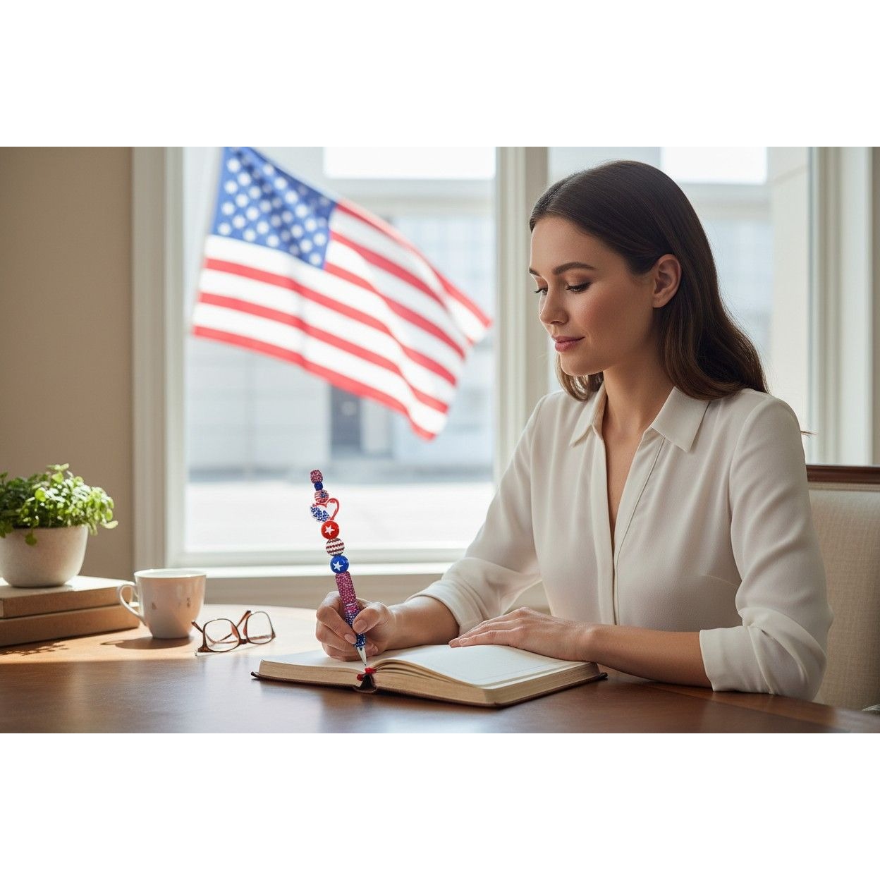 America Celebrates 250 years Patriotic Themed Beaded Ballpoint Pen With Glitter Accents & Red White Blue Star Designs