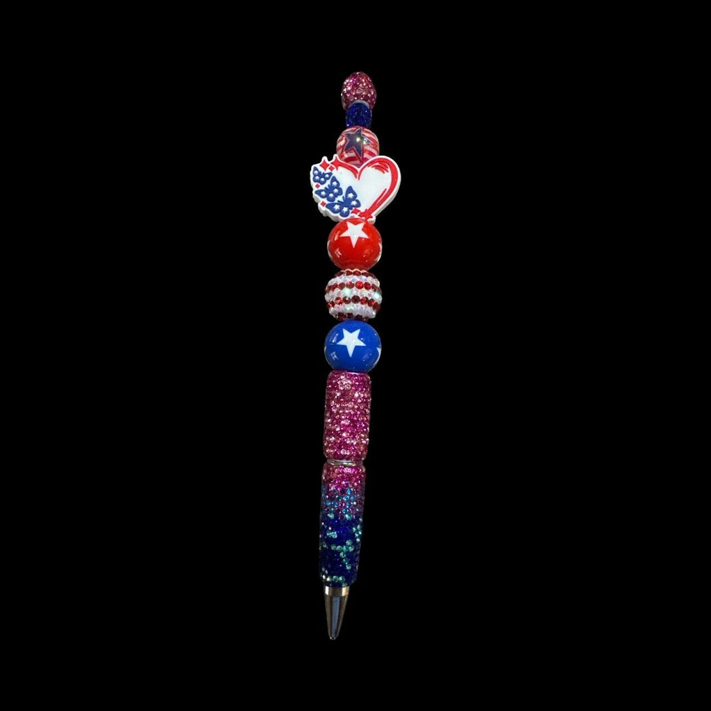 America Celebrates 250 years Patriotic Themed Beaded Ballpoint Pen With Glitter Accents & Red White Blue Star Designs