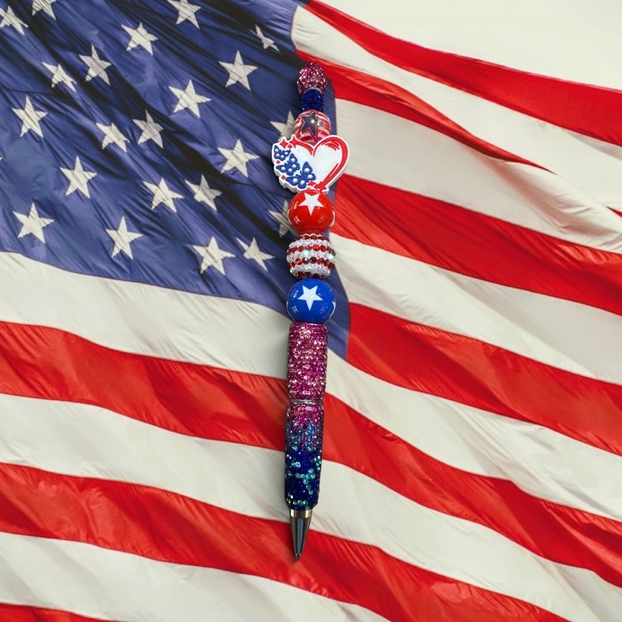 America Celebrates 250 years Patriotic Themed Beaded Ballpoint Pen With Glitter Accents & Red White Blue Star Designs