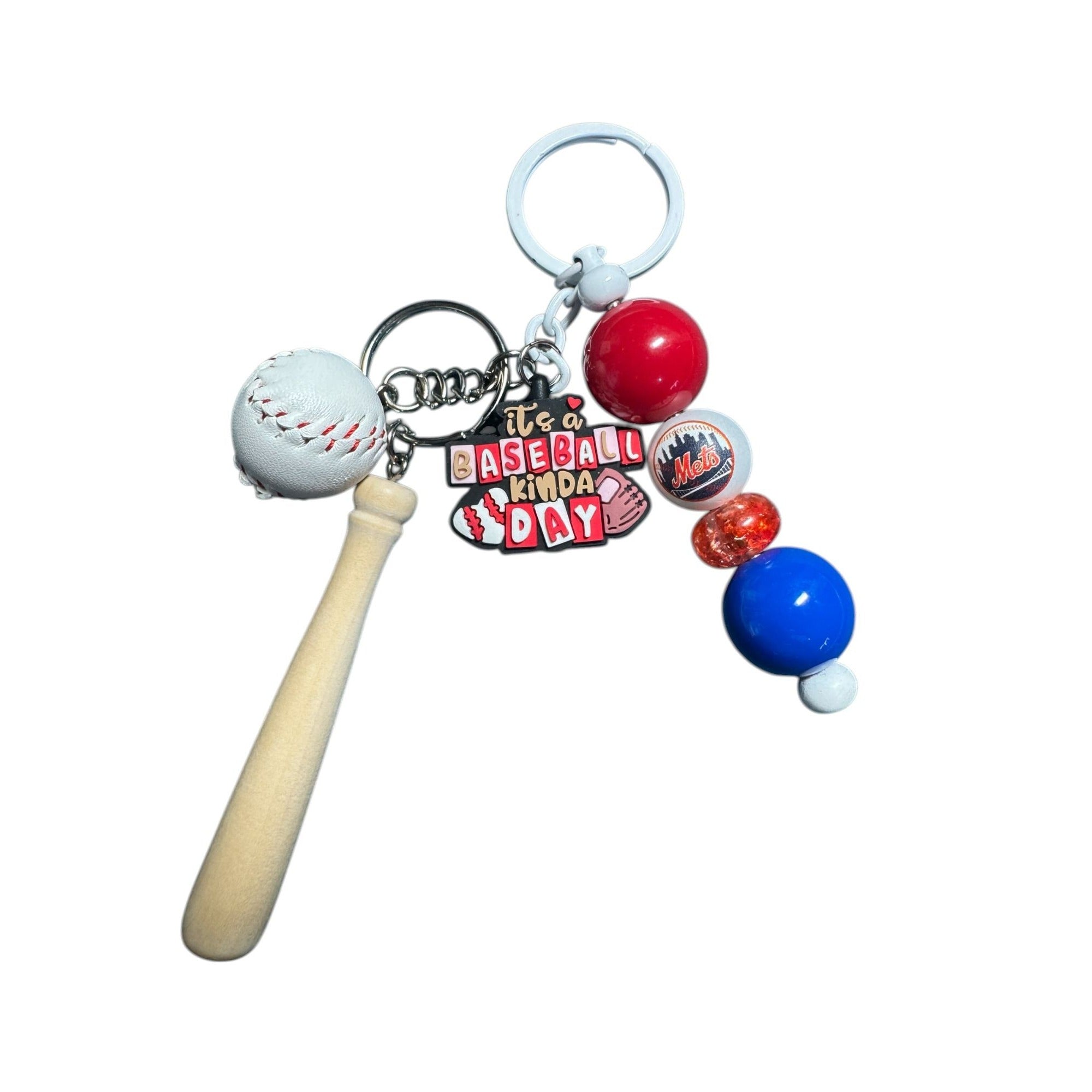 New York Mets Baseball Keychain With Mini Bat Ball & Beads Red/Blue/White Theme "Its A Baseball Kinda Day" Charm