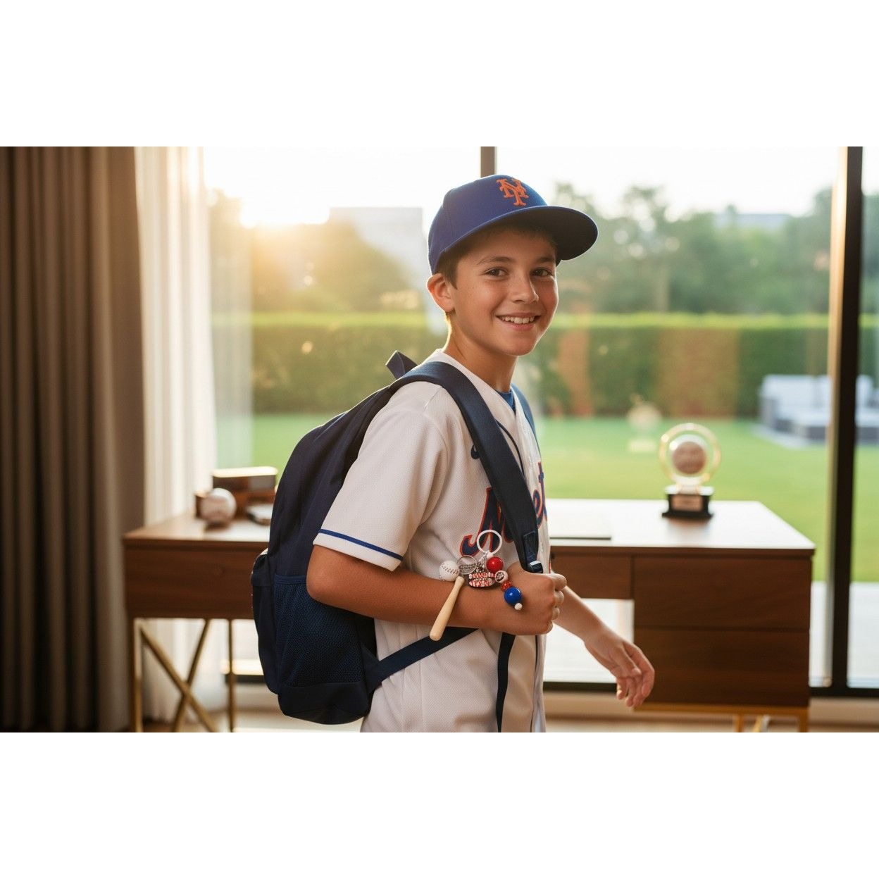 New York Mets Baseball Keychain With Mini Bat Ball & Beads Red/Blue/White Theme "Its A Baseball Kinda Day" Charm