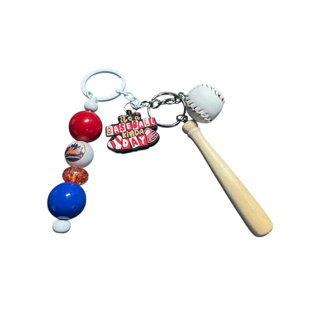 New York Mets Baseball Keychain With Mini Bat Ball & Beads Red/Blue/White Theme "Its A Baseball Kinda Day" Charm