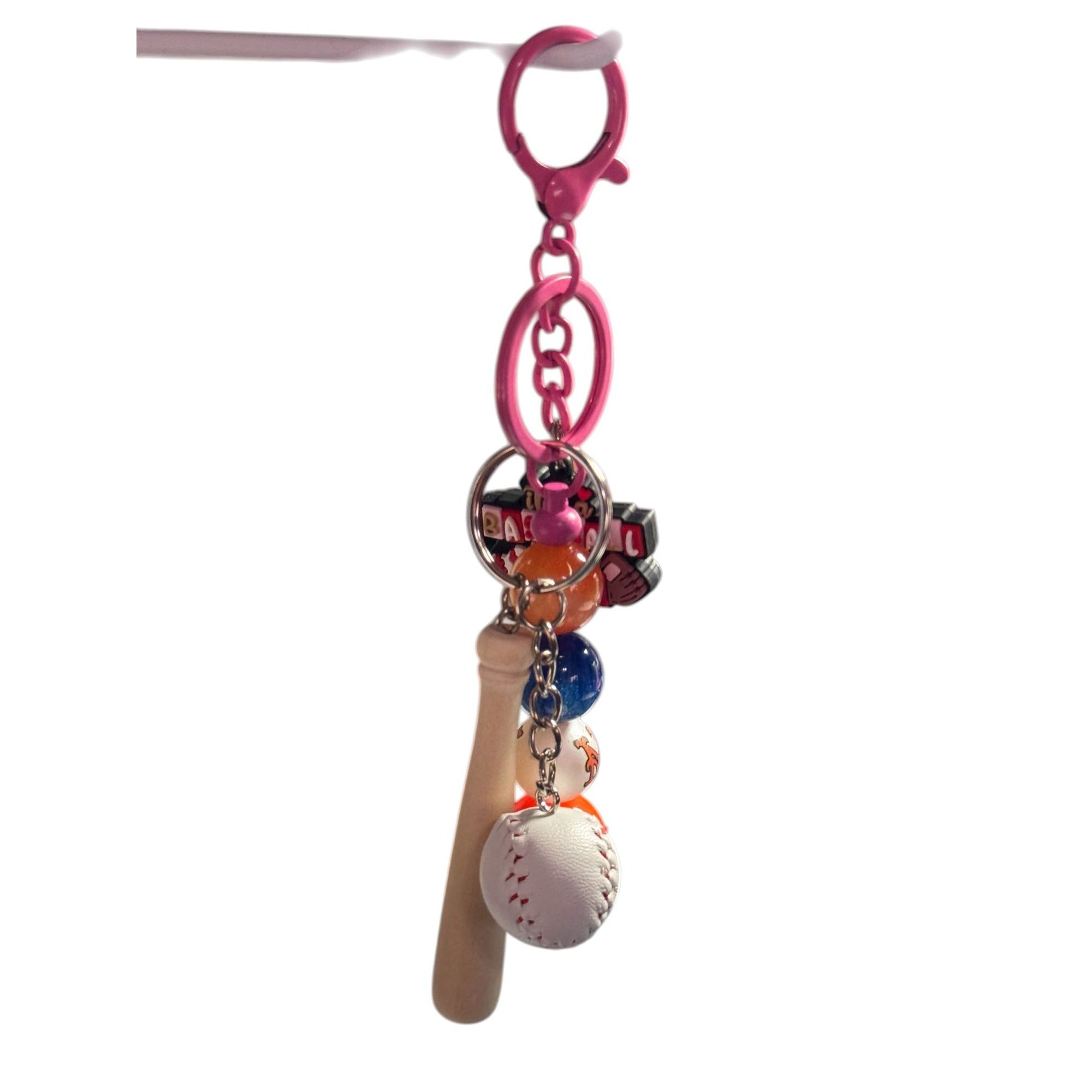 New York Mets Baseball Keychain With Mini Bat Ball & Beads Red/Blue/White Theme "Its A Baseball Kinda Day" Charm