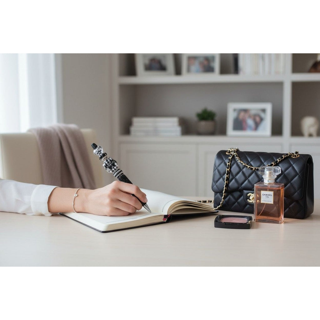 Chanel-Inspired Black & White Crystal Beaded Pen Decorative Writing Instrument With Elegant Detailing