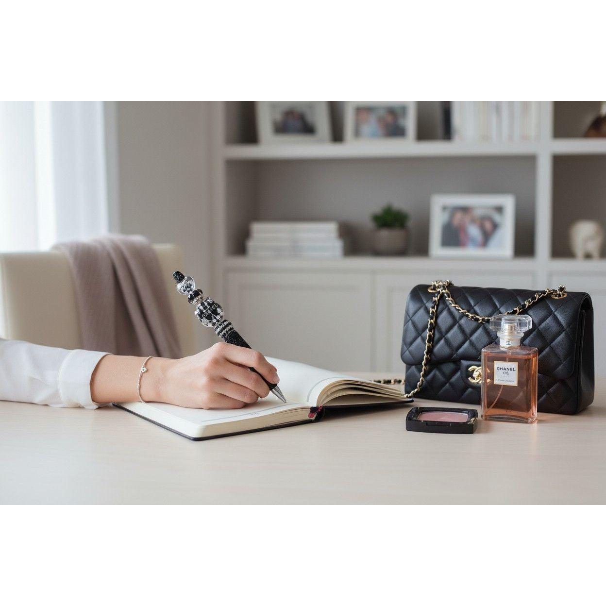 Chanel-Inspired Black & White Crystal Beaded Pen Decorative Writing Instrument With Elegant Detailing