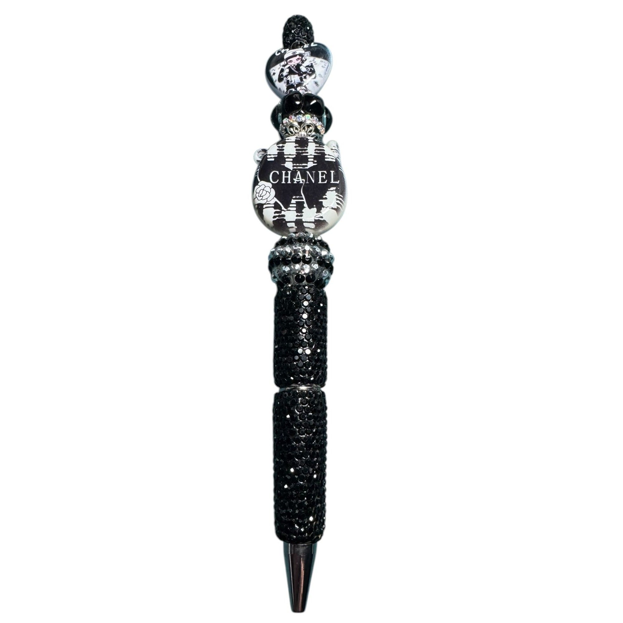 Chanel-Inspired Black & White Crystal Beaded Pen Decorative Writing Instrument With Elegant Detailing