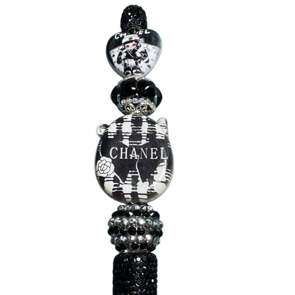 Chanel-Inspired Black & White Crystal Beaded Pen Decorative Writing Instrument With Elegant Detailing