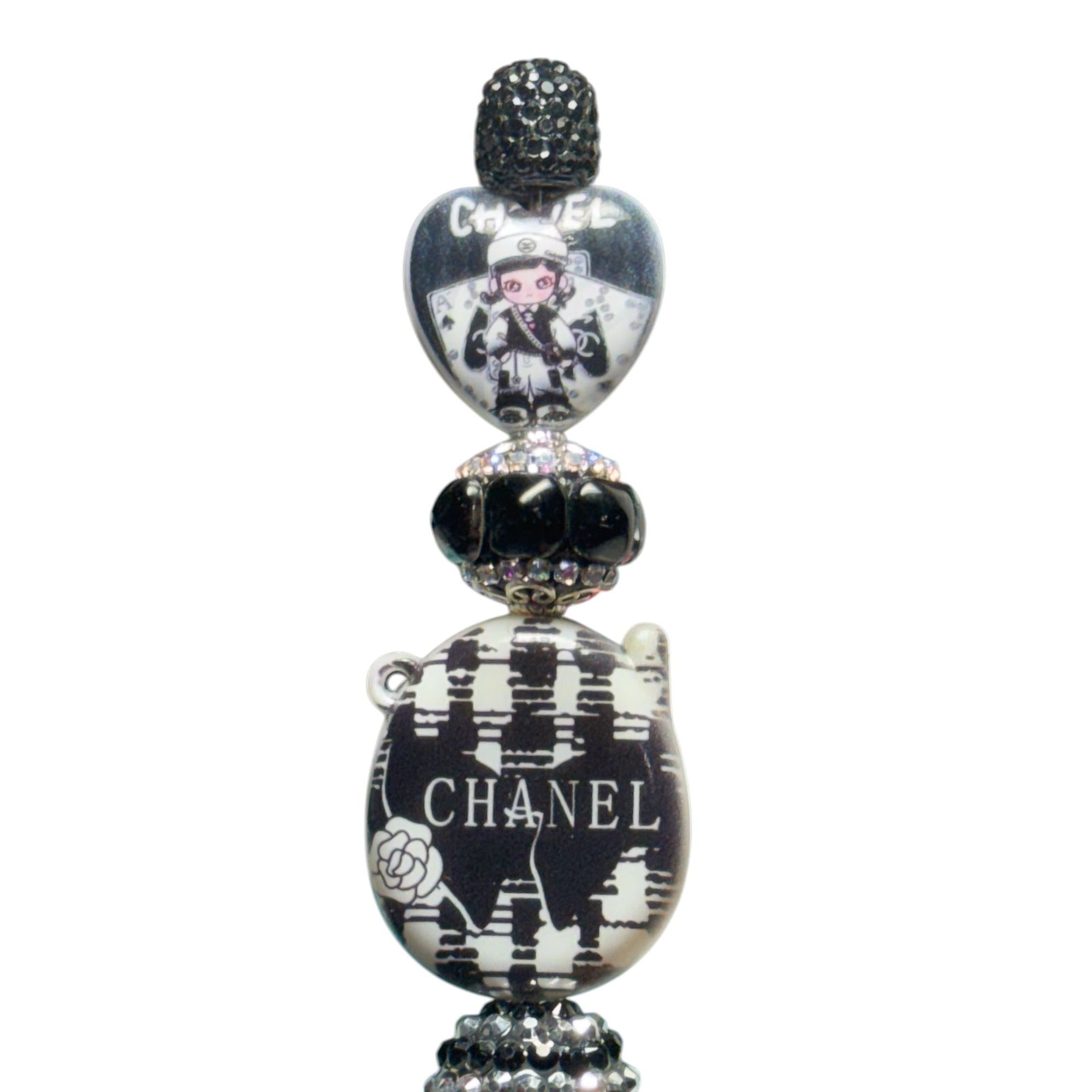 Chanel-Inspired Black & White Crystal Beaded Pen Decorative Writing Instrument With Elegant Detailing