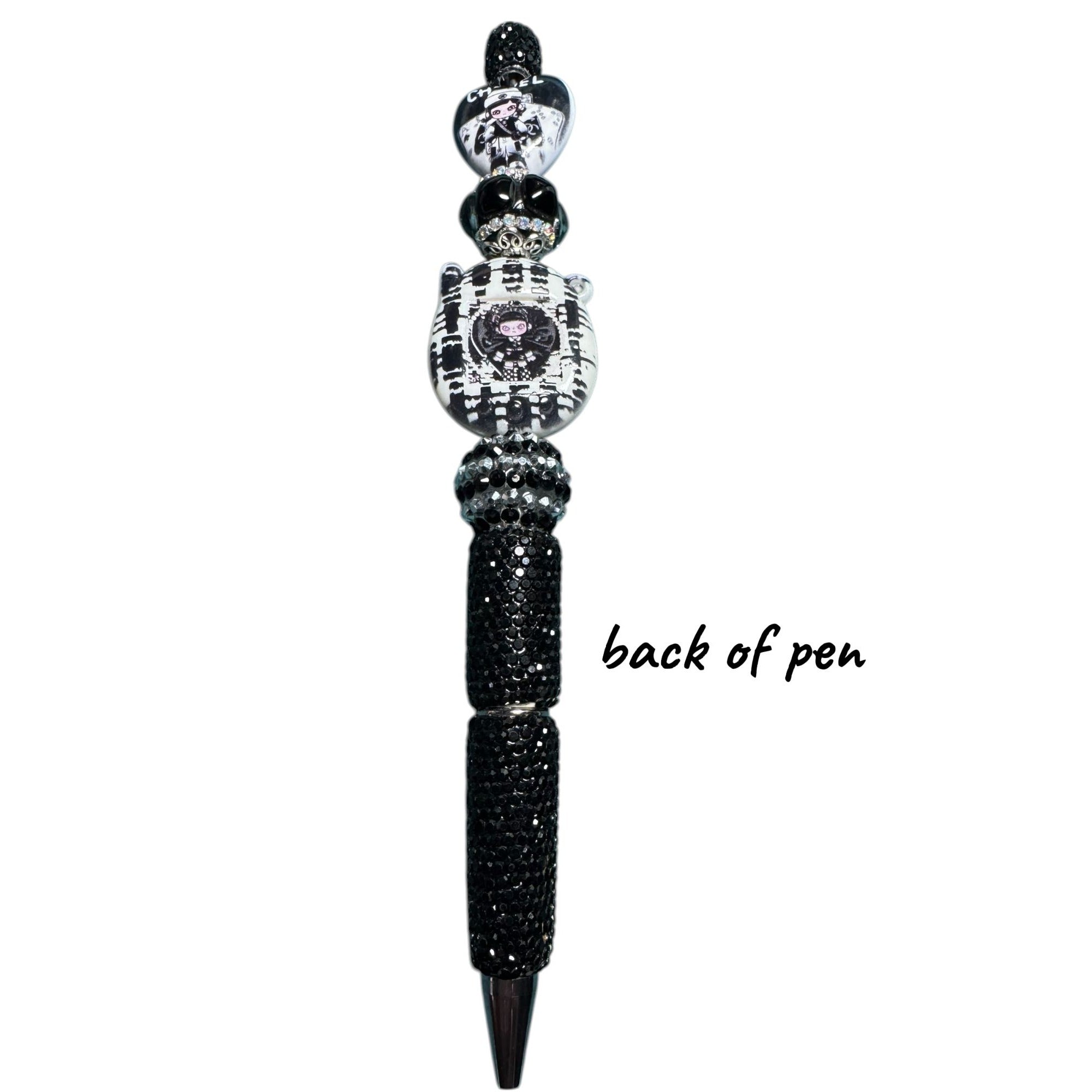 Chanel-Inspired Black & White Crystal Beaded Pen Decorative Writing Instrument With Elegant Detailing