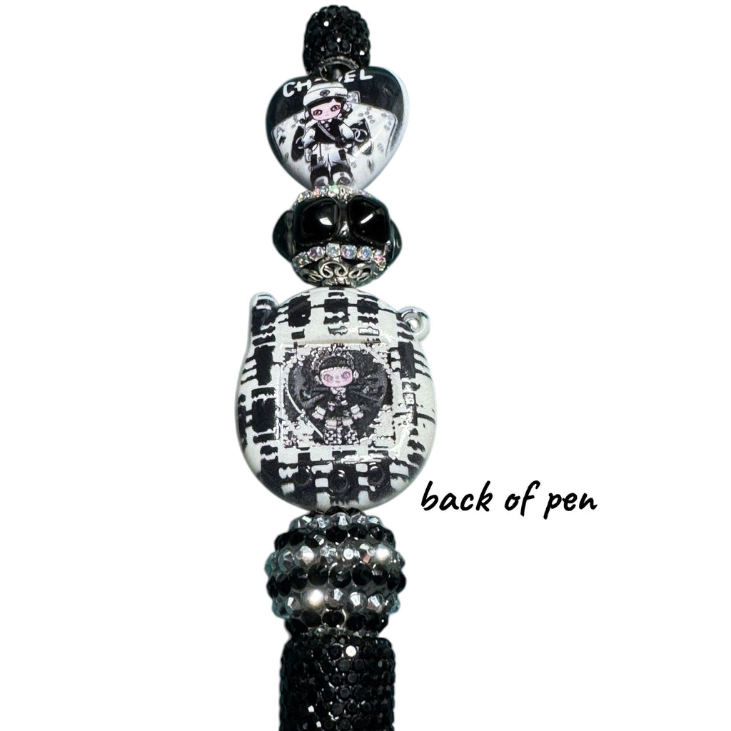 Chanel-Inspired Black & White Crystal Beaded Pen Decorative Writing Instrument With Elegant Detailing