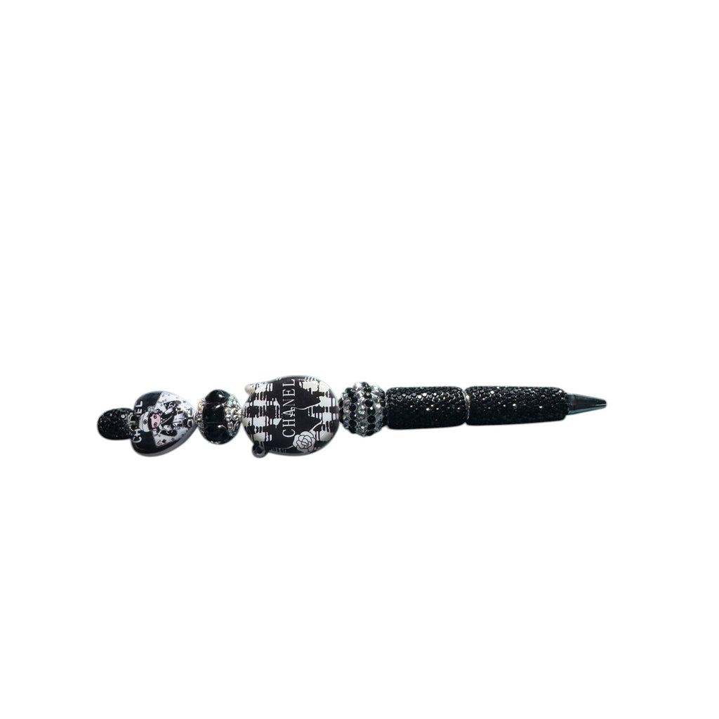 Chanel-Inspired Black & White Crystal Beaded Pen Decorative Writing Instrument With Elegant Detailing