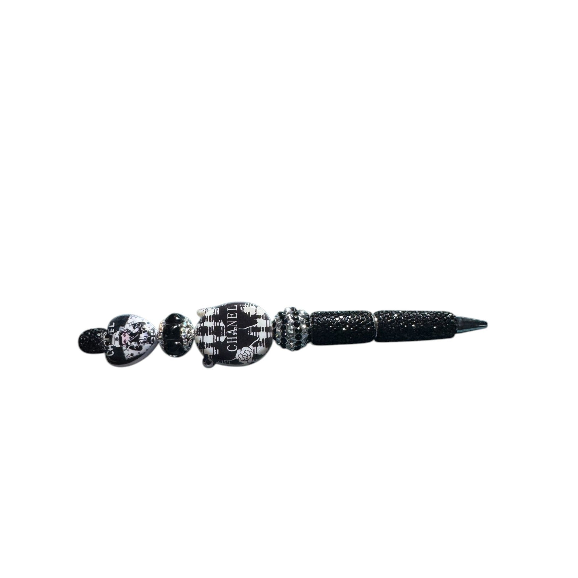 Chanel-Inspired Black & White Crystal Beaded Pen Decorative Writing Instrument With Elegant Detailing