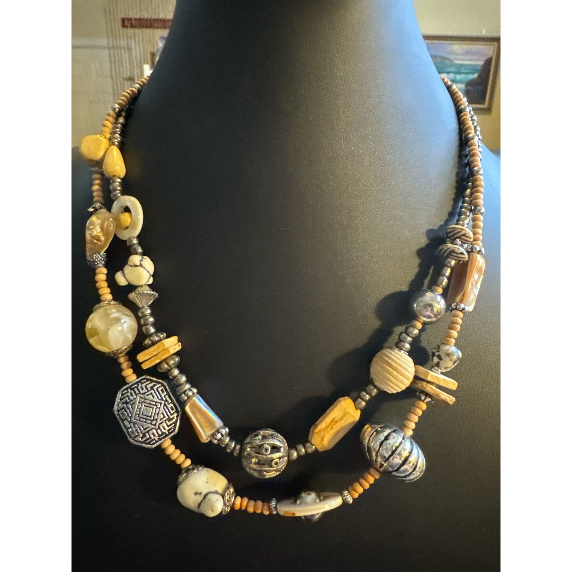 Handcrafted Double-Strand Necklace With Mixed Beads Earth Tones & Silver Accents