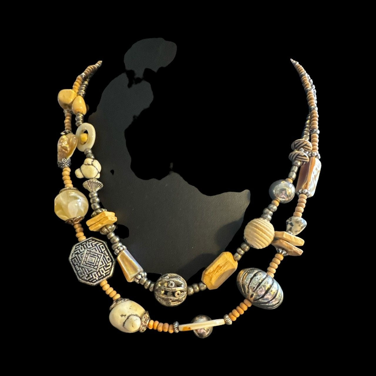 Handcrafted Double-Strand Necklace With Mixed Beads Earth Tones & Silver Accents