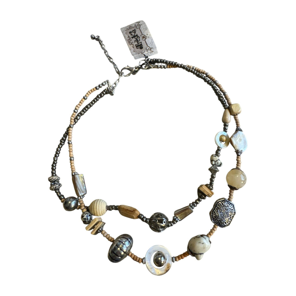 Handcrafted Double-Strand Necklace With Mixed Beads Earth Tones & Silver Accents