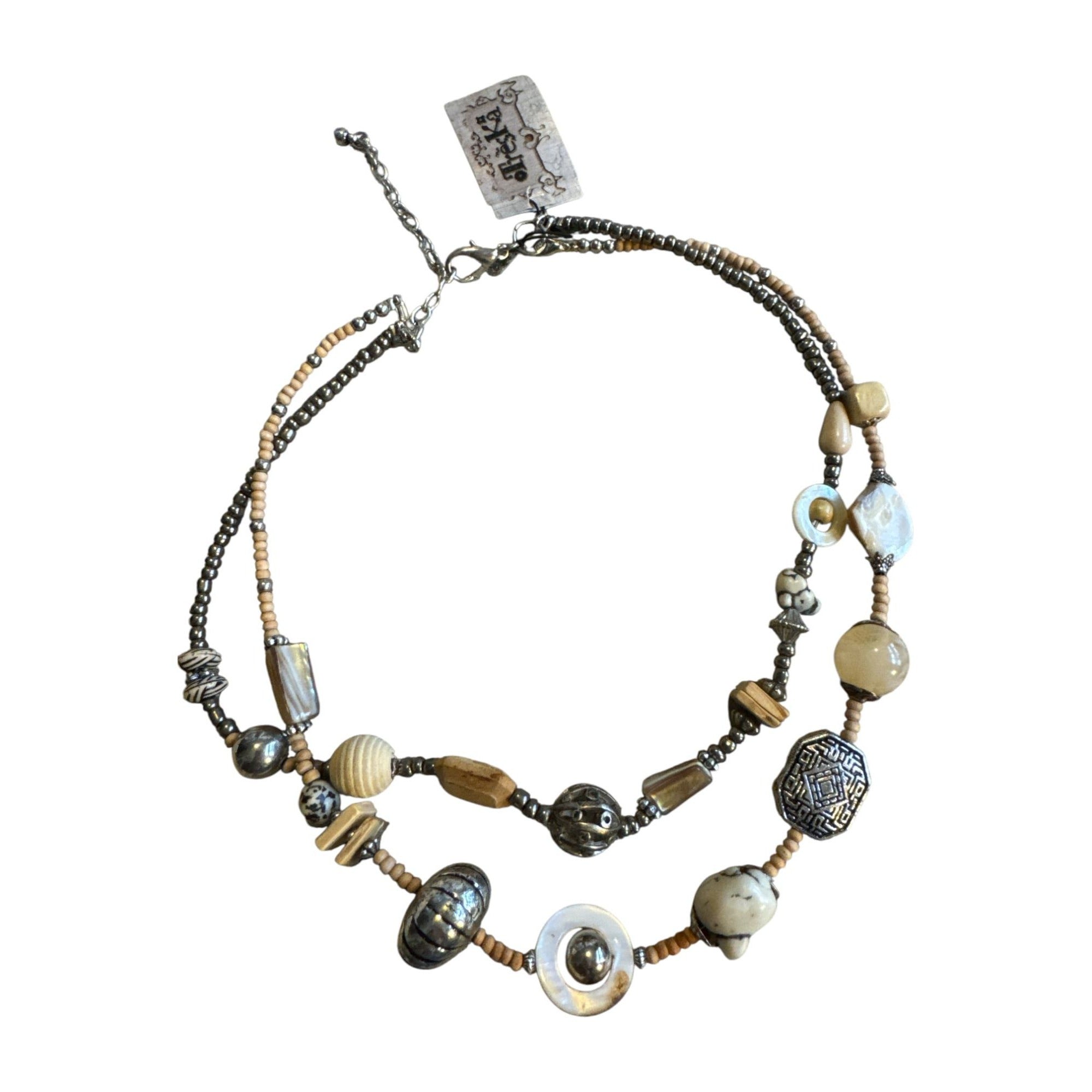 Handcrafted Double-Strand Necklace With Mixed Beads Earth Tones & Silver Accents