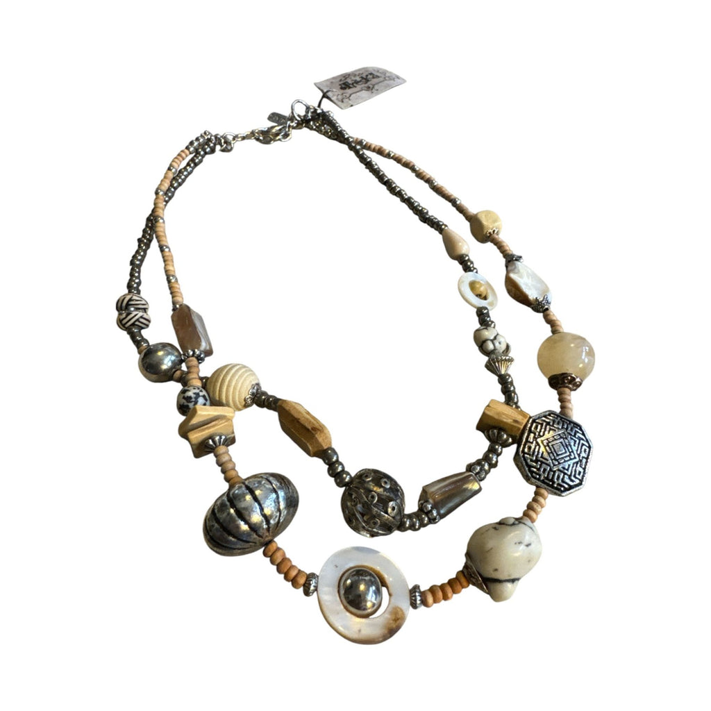 Handcrafted Double-Strand Necklace With Mixed Beads Earth Tones & Silver Accents