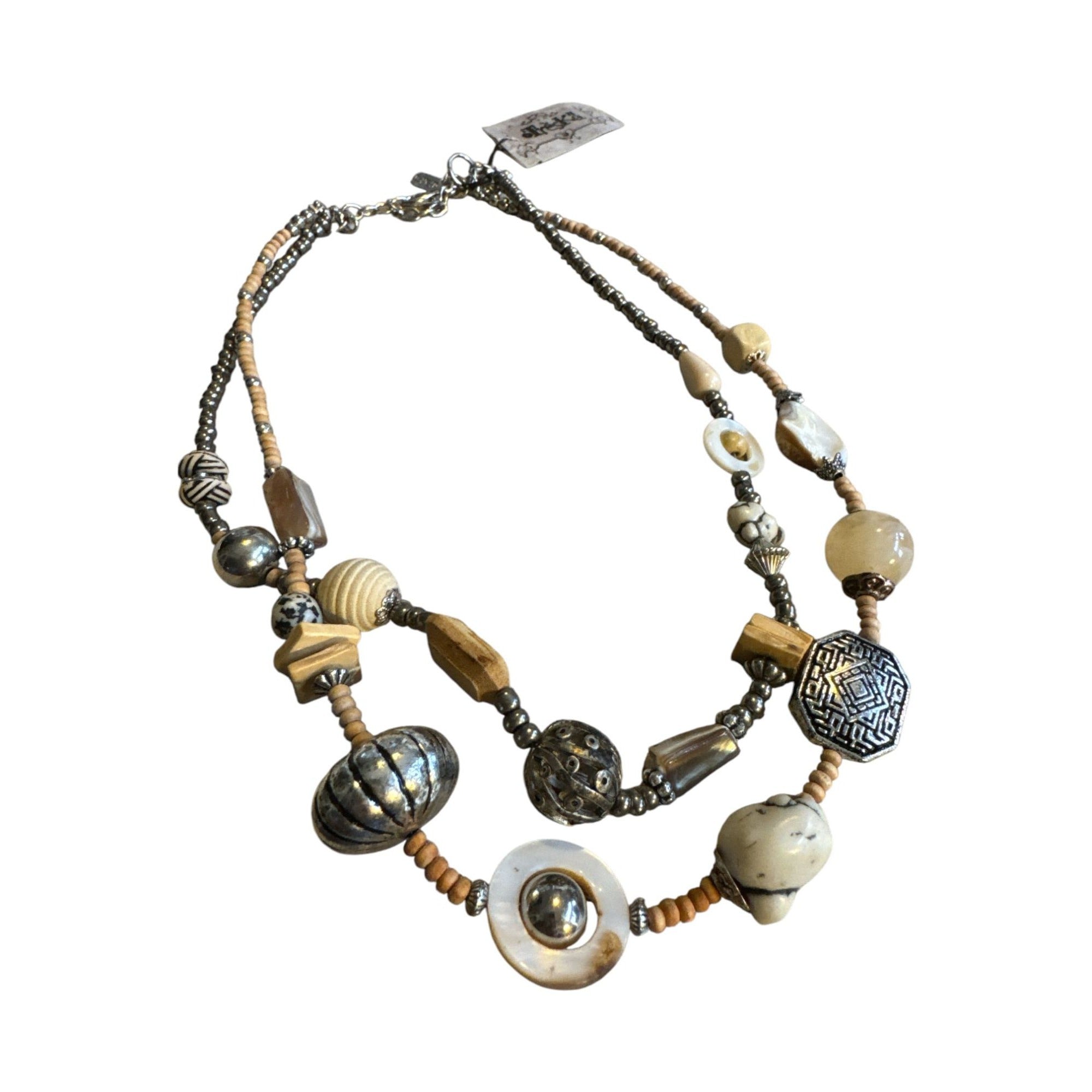 Handcrafted Double-Strand Necklace With Mixed Beads Earth Tones & Silver Accents