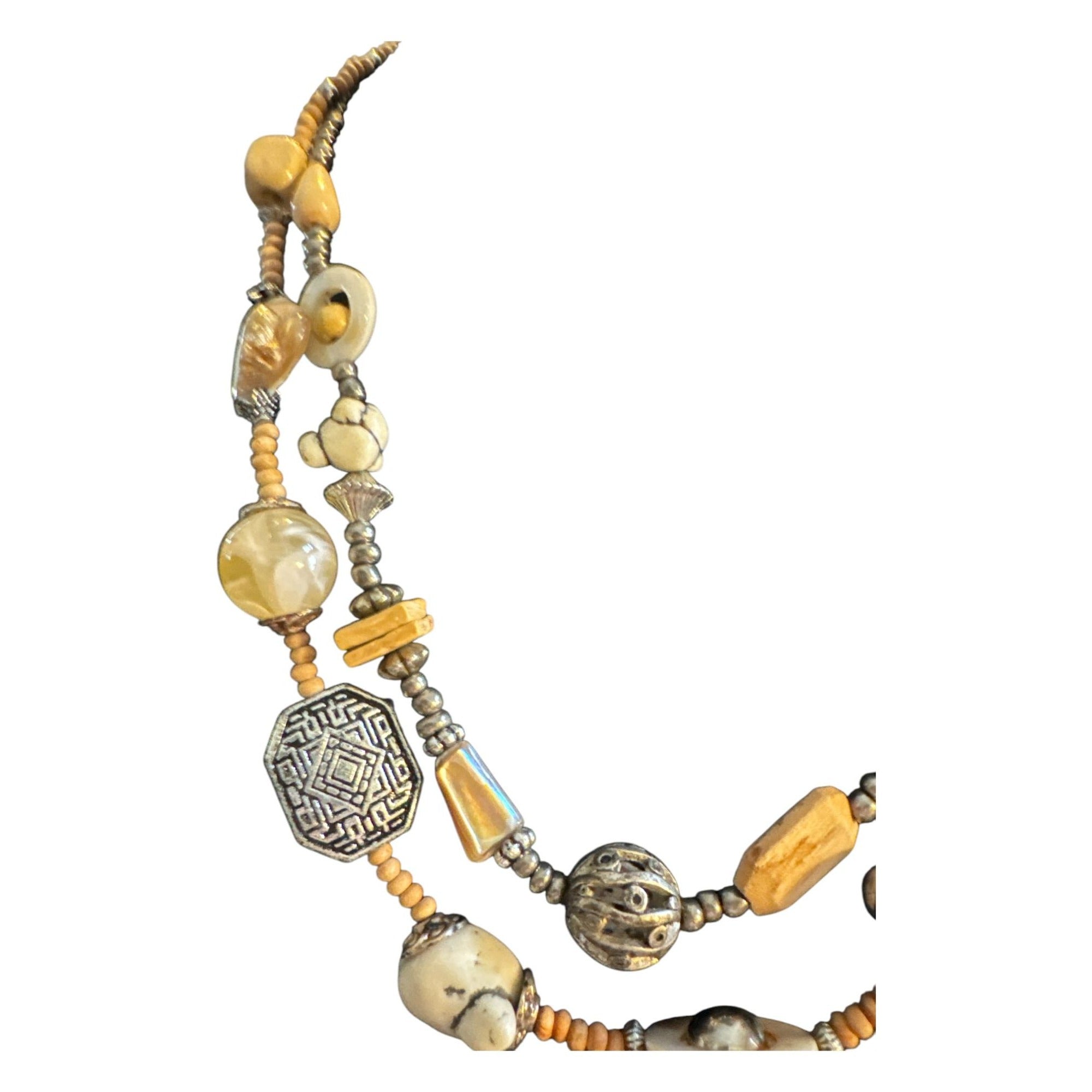 Handcrafted Double-Strand Necklace With Mixed Beads Earth Tones & Silver Accents