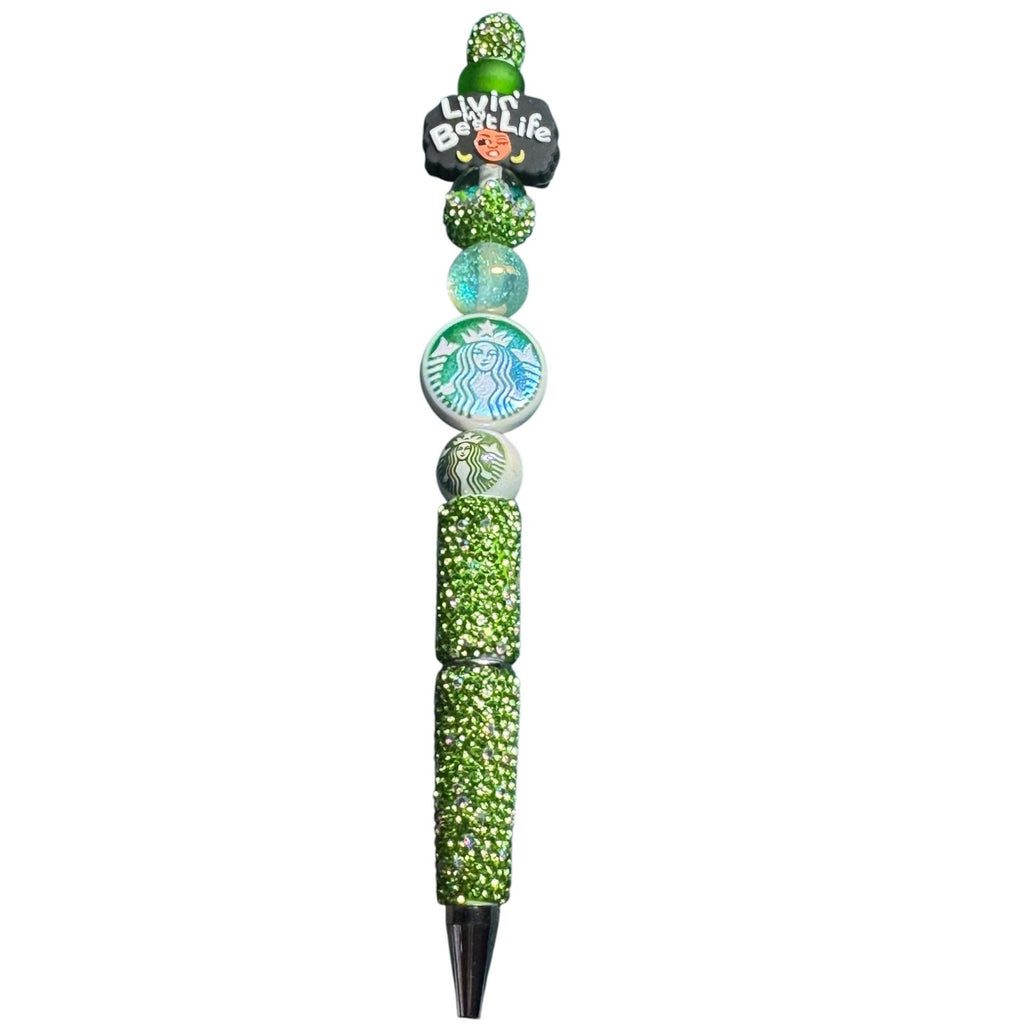Custom Green Beaded Starbucks-Inspired Pen With "Livin My Best Life" Design