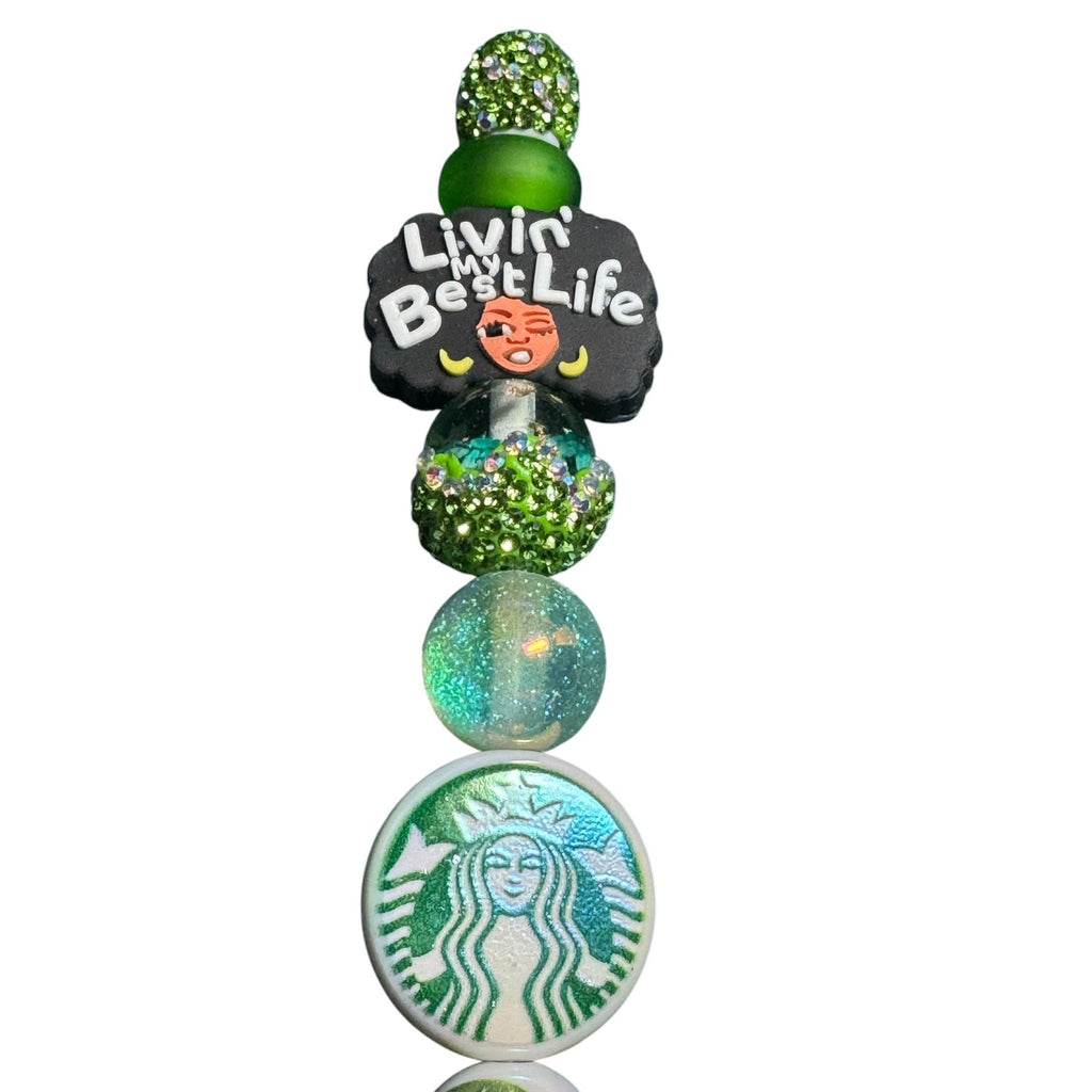 Custom Green Beaded Starbucks-Inspired Pen With "Livin My Best Life" Design