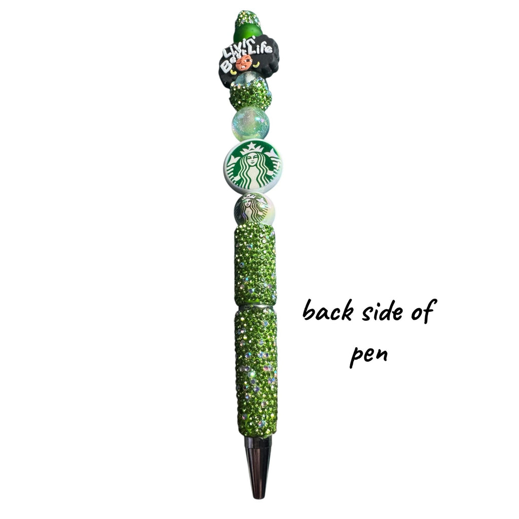 Custom Green Beaded Starbucks-Inspired Pen With "Livin My Best Life" Design
