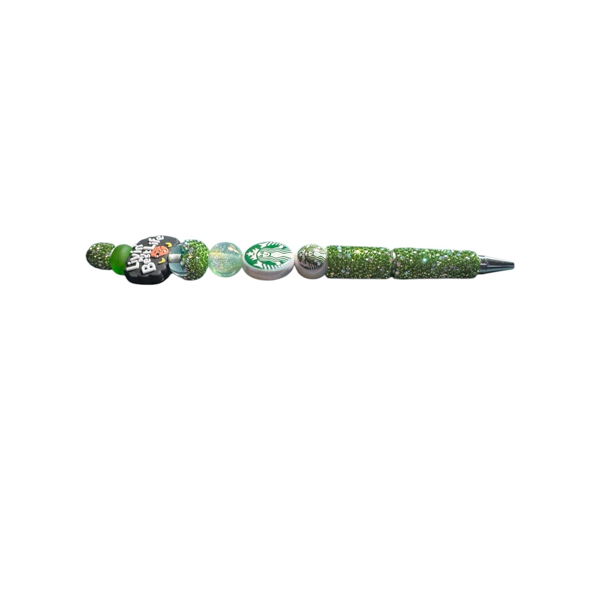 Custom Green Beaded Starbucks-Inspired Pen With "Livin My Best Life" Design