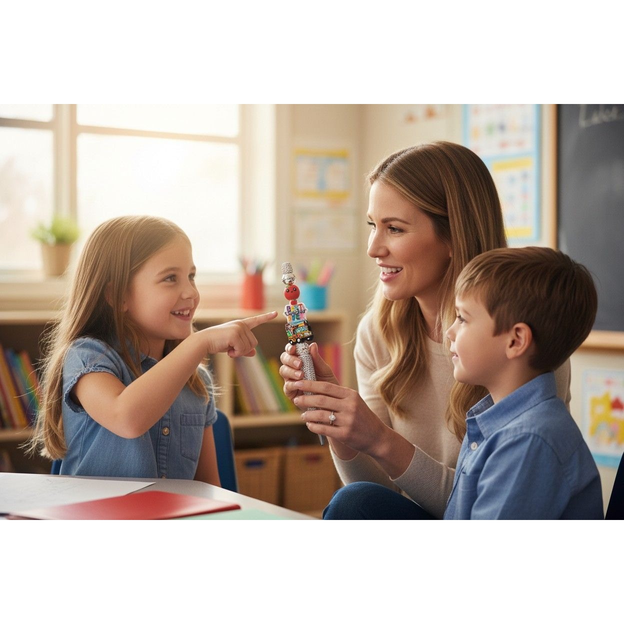 Best Teacher Ever Rhinestone Pen With Apple & School Bus Design