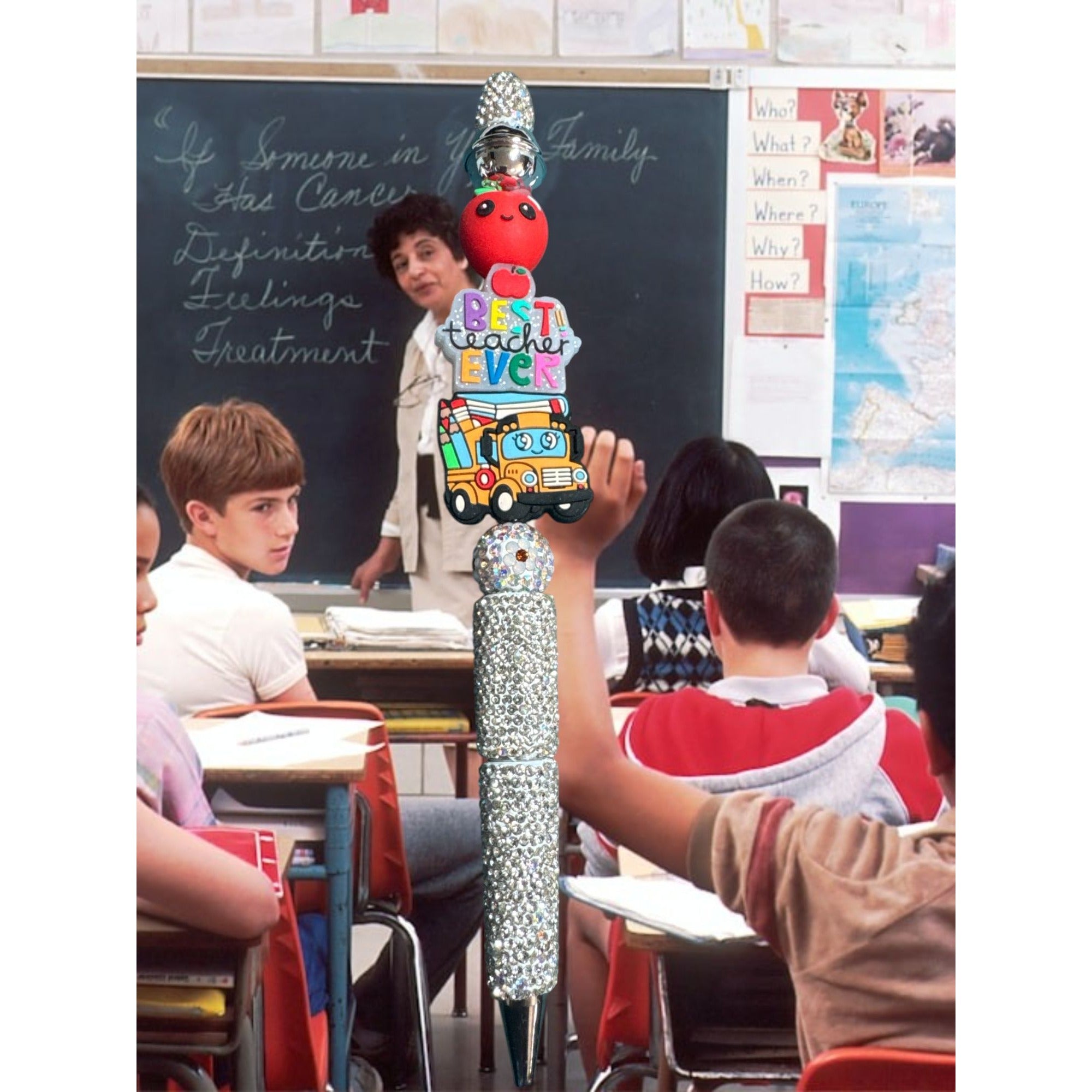 Best Teacher Ever Rhinestone Pen With Apple & School Bus Design