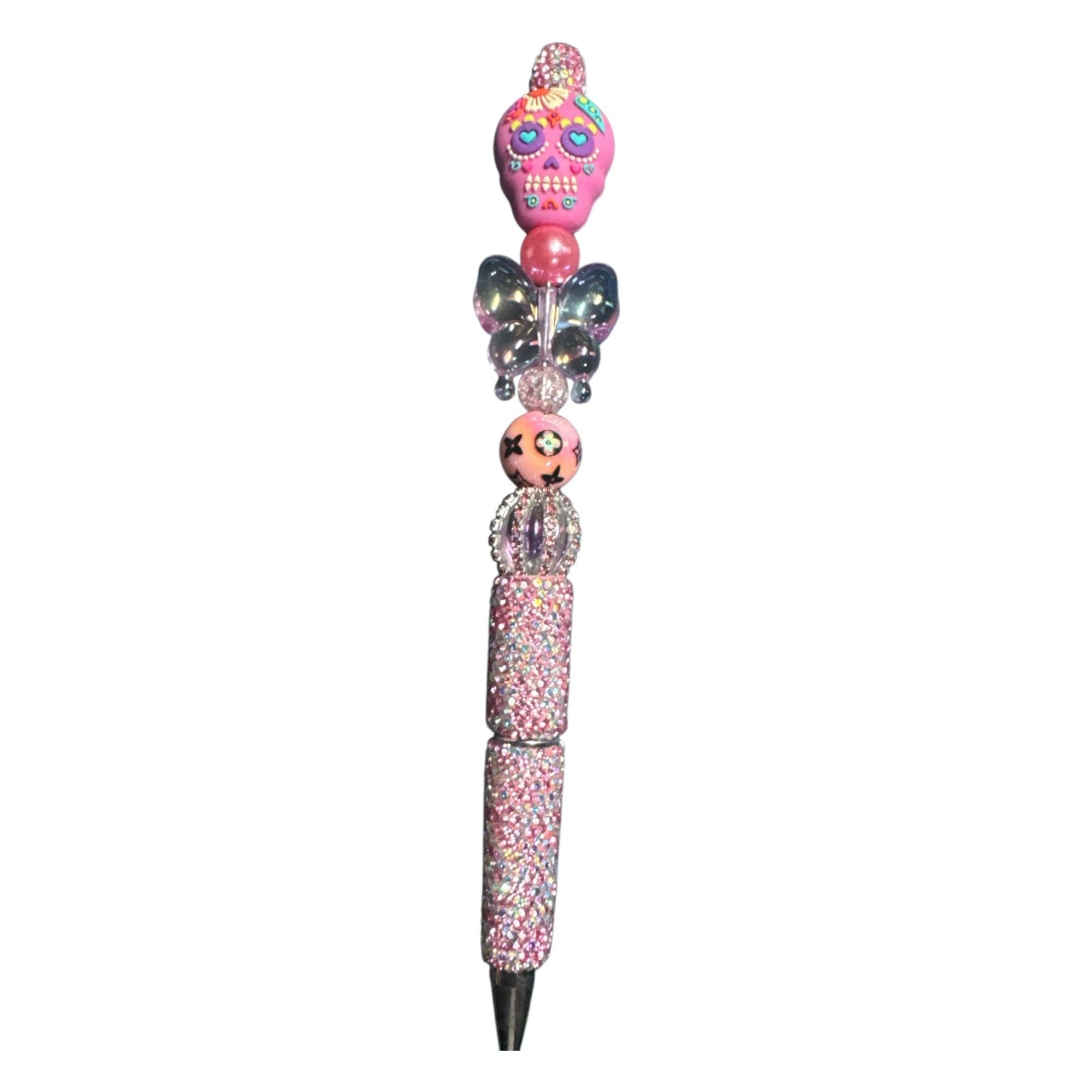 Day Of The Dead Sugar Skull Beaded Ballpoint Pen Pink & Glitter Design Decorative Writing Tool