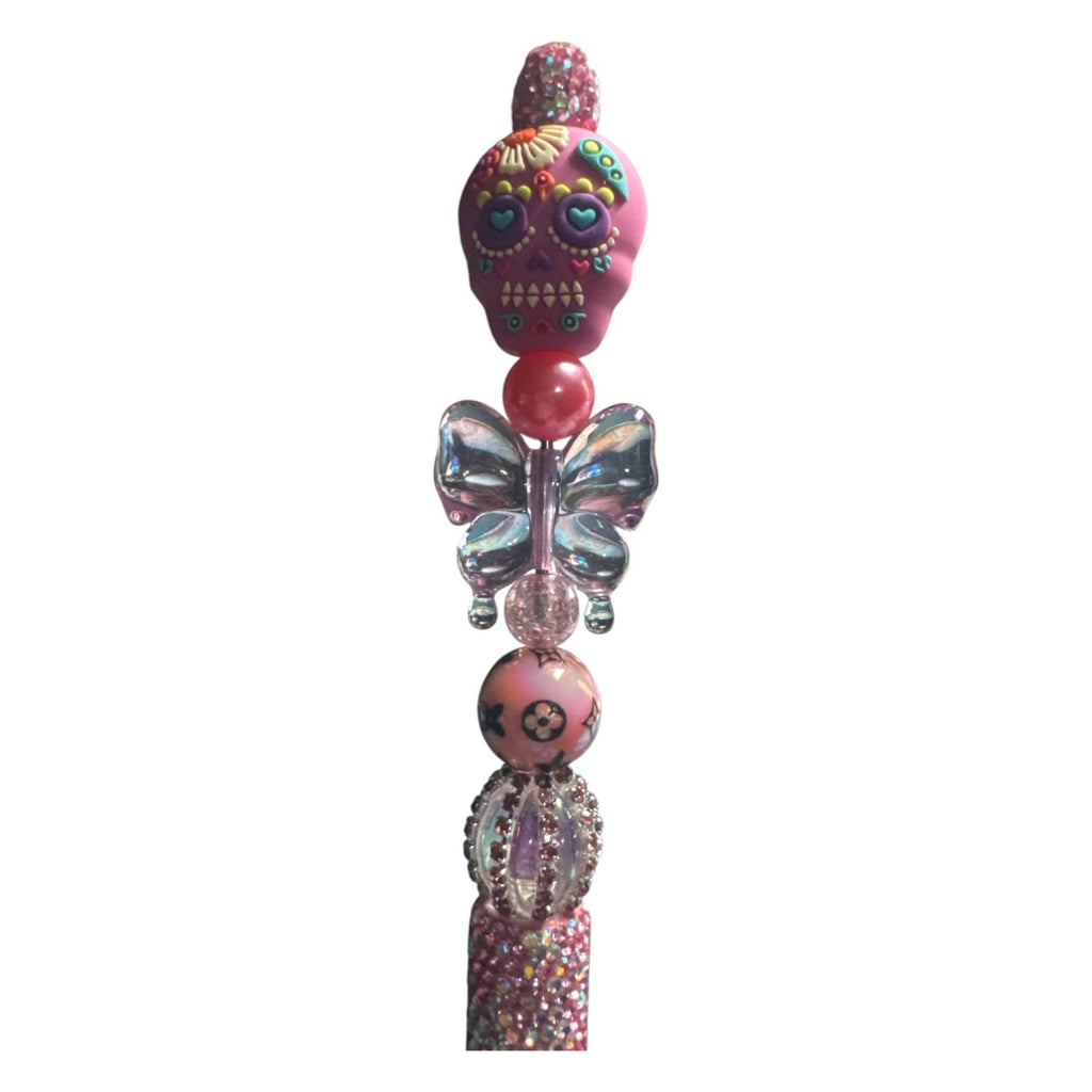 Day Of The Dead Sugar Skull Beaded Ballpoint Pen Pink & Glitter Design Decorative Writing Tool